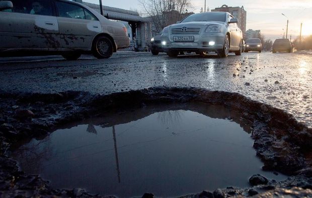 Roads in bad condition in Omsk, Russia